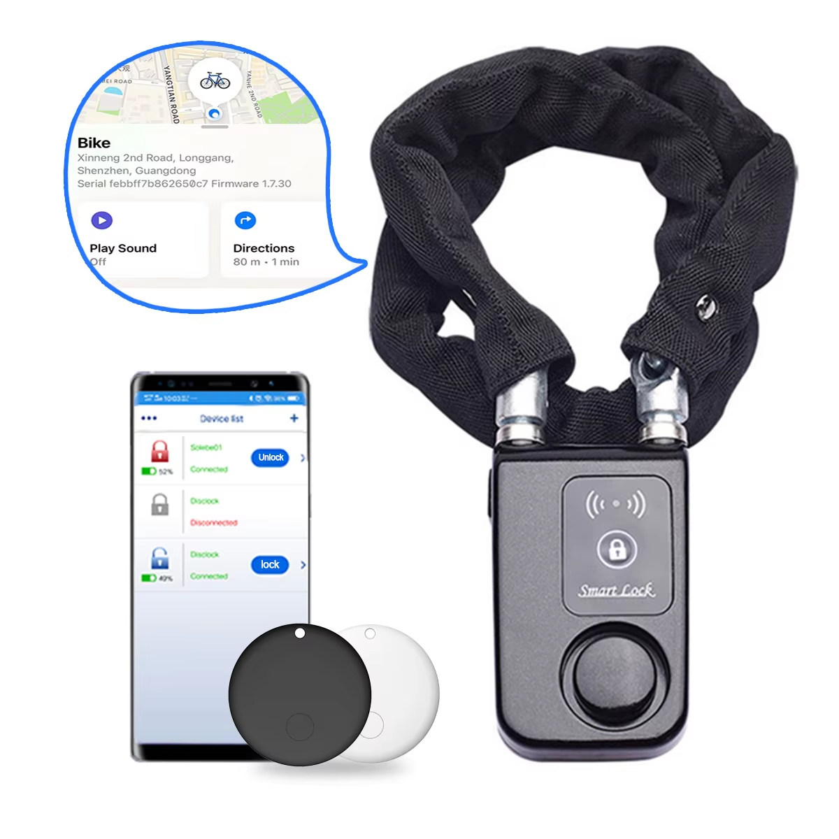 Commuter Bike Lock - 110dBアラーム付きバイクチェーンロック、AirTagスロット搭載、IP55防水、盗難防止スチール製セキュリティロック（自転車、バイク、スクーター用）